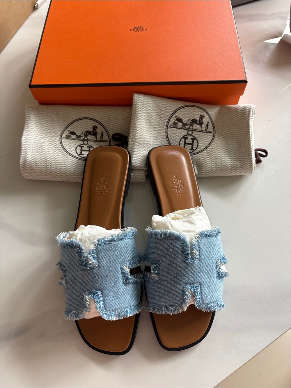 Hermes Light Blue Denim Oran Slide Sandals